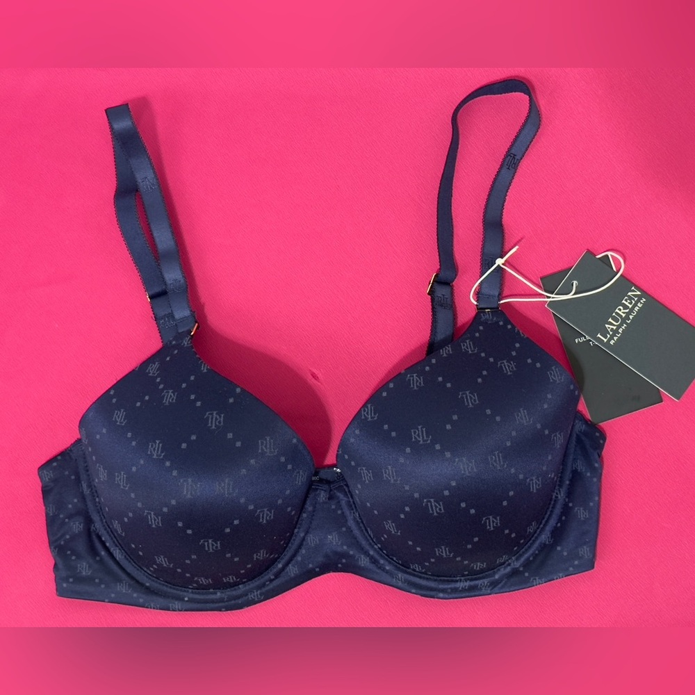 Lauren Ralph Lauren Navy Repeat-Logo Full Coverage Underwire T-shirt Bra 34C NWT